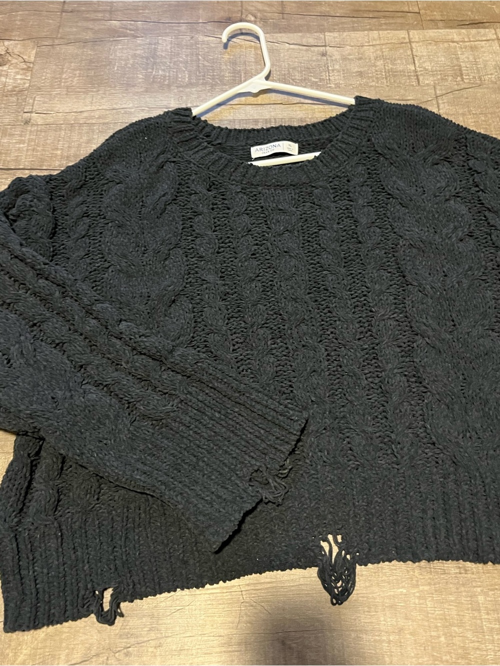 Arizona Jean Company Black Cable-Knit Crew Sweater with Distressed Hem